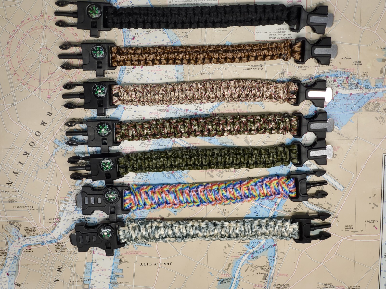 PARACORD SURVIVAL BRACELET, COMPASS, FLINT, WHISTLE CAMPING GEAR, 8"