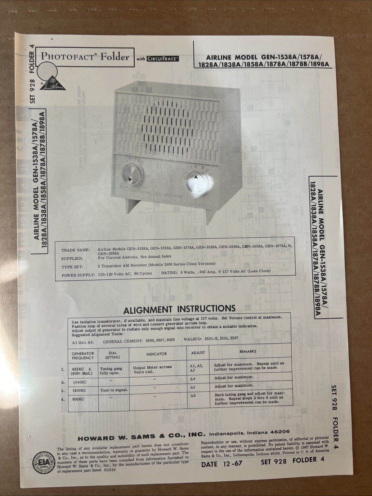 Vintage Sams Photofact Schematic 12-1967 AIRLINE MODEL GEN-1538A / 1578A/ 1828