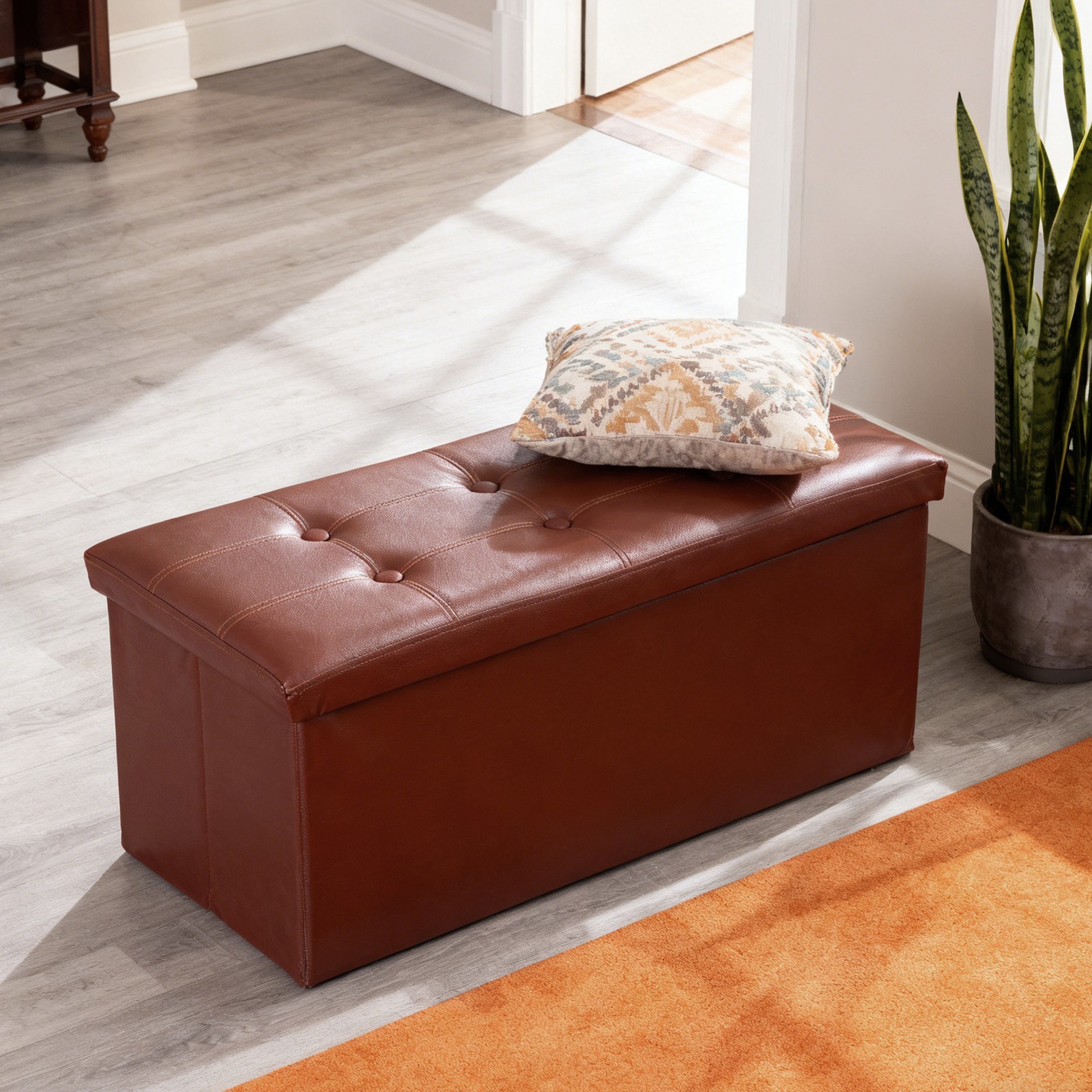 Brown Sturdy Ottomans Foot Bench Foldable Storage Footstools Spacious Organizer
