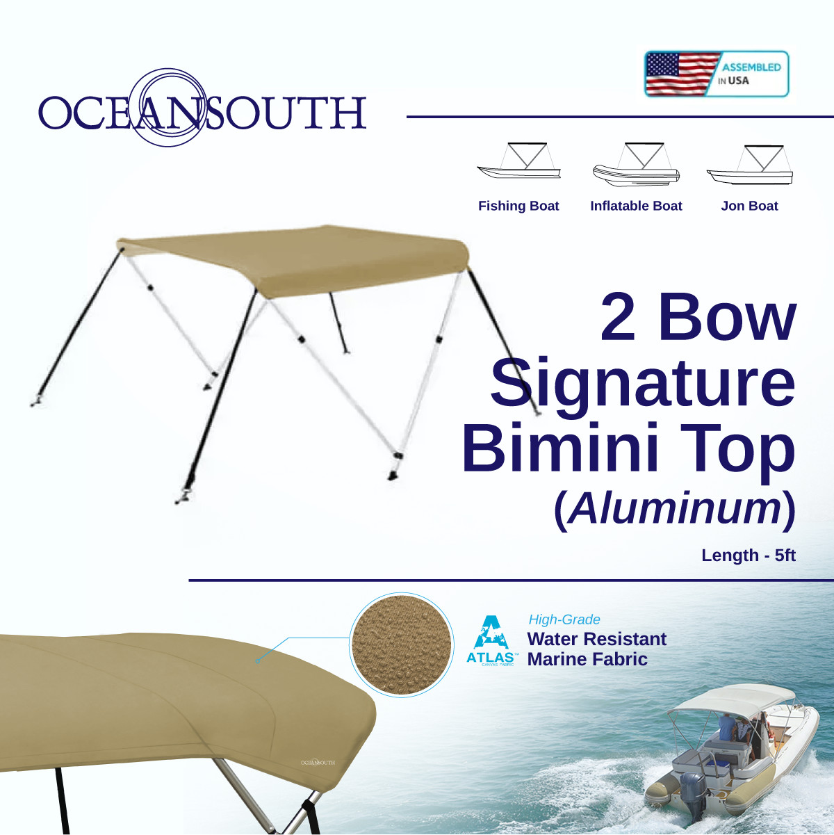 2 Bow BIMINI TOP Boat Cover Beige 51"-59" Width, 5ft Long With Storage Boot