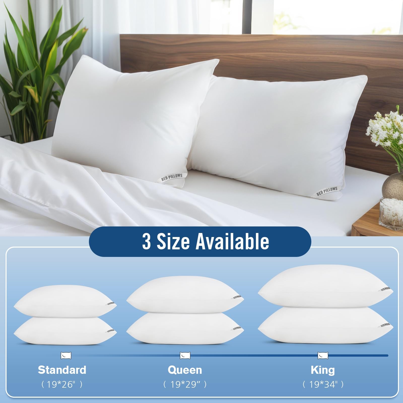 2 Pack Luxury Hotel Bed Pillows King Size Down Alternative Back Stomach Side