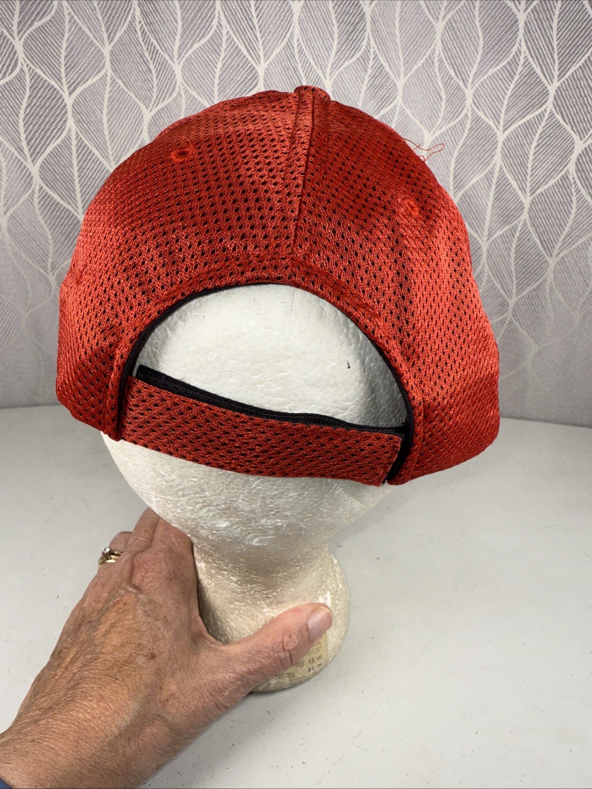 ALASKA in Script on Red w Black Accented Hat Cap Vented Fabric Hook Loop
