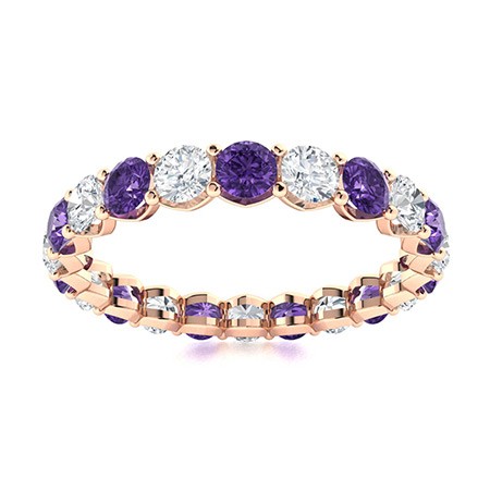 925 Sterling Silver Gold Plated 3mm Round Shape Amethyst Full Eternity Band Ring