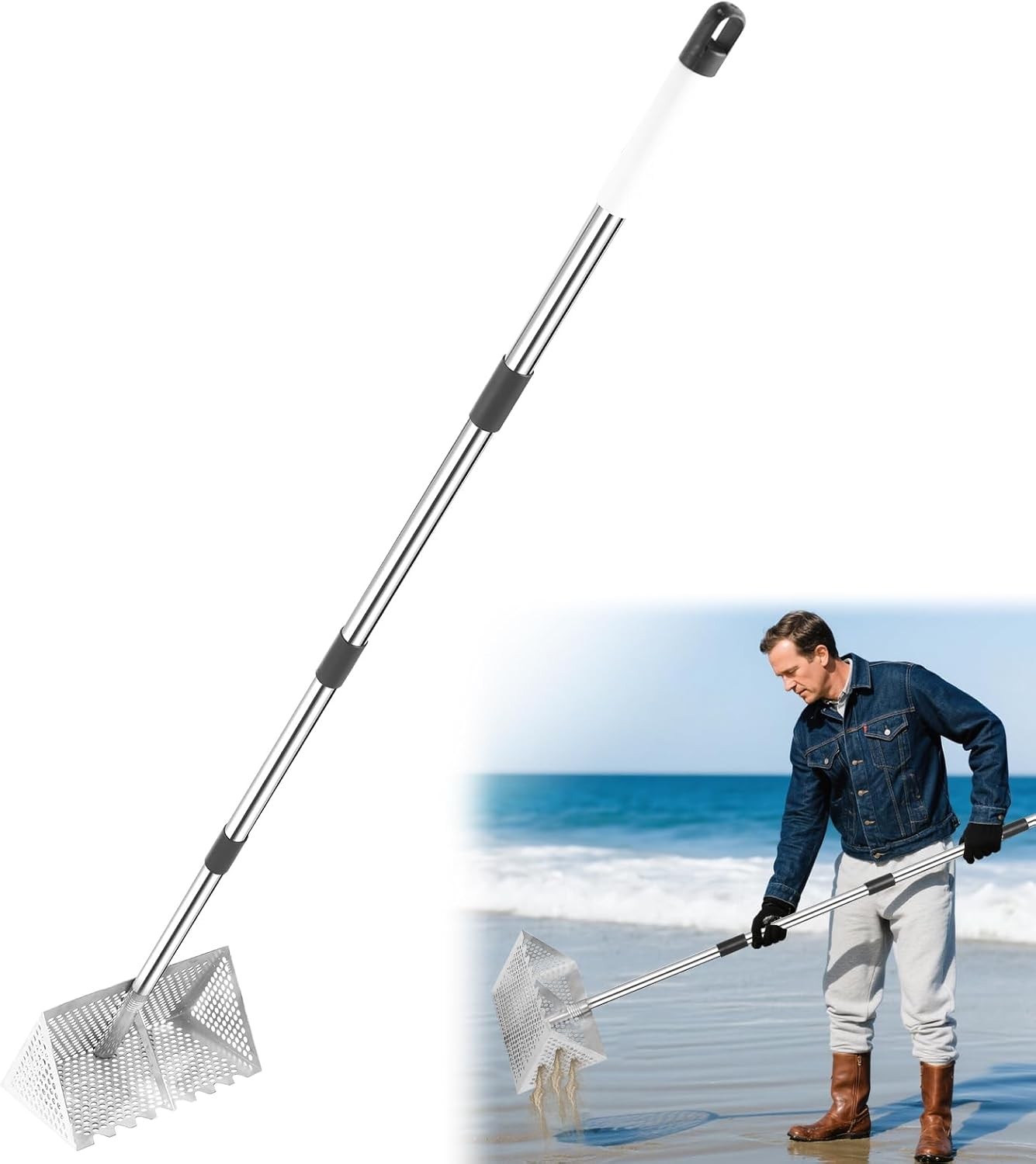 65" Stainless Steel Shark Tooth Sand Flea Sifter Rake, 13" Mesh Head