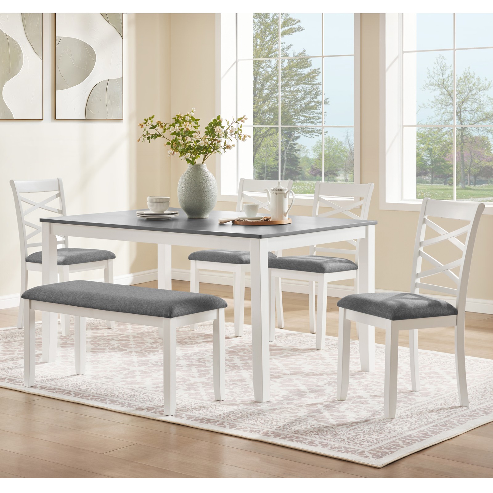 6-Piece Rectangular Wood Dining Table Set w/ Bench & 4 Upholstered Chair Modern