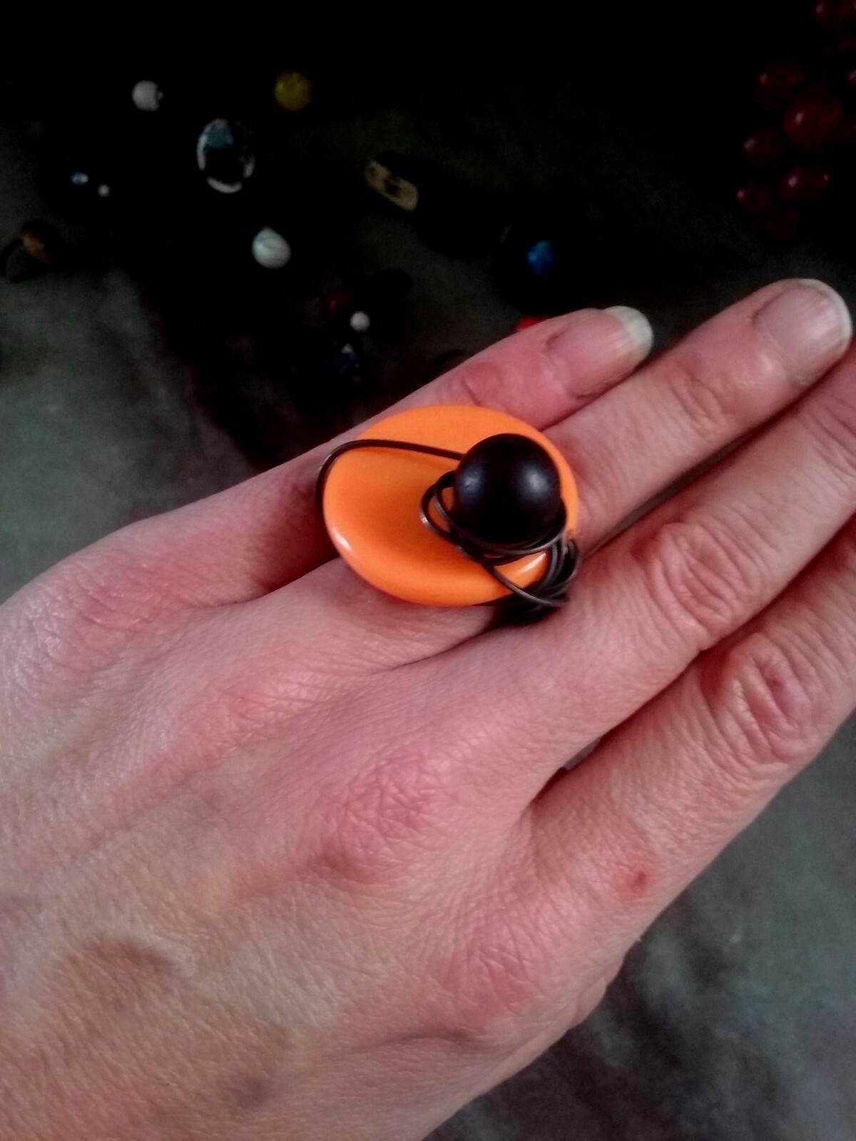 Large Wire Wrapped Statement Ring, Orange Disc with Ball Charm, Size 8, NEW
