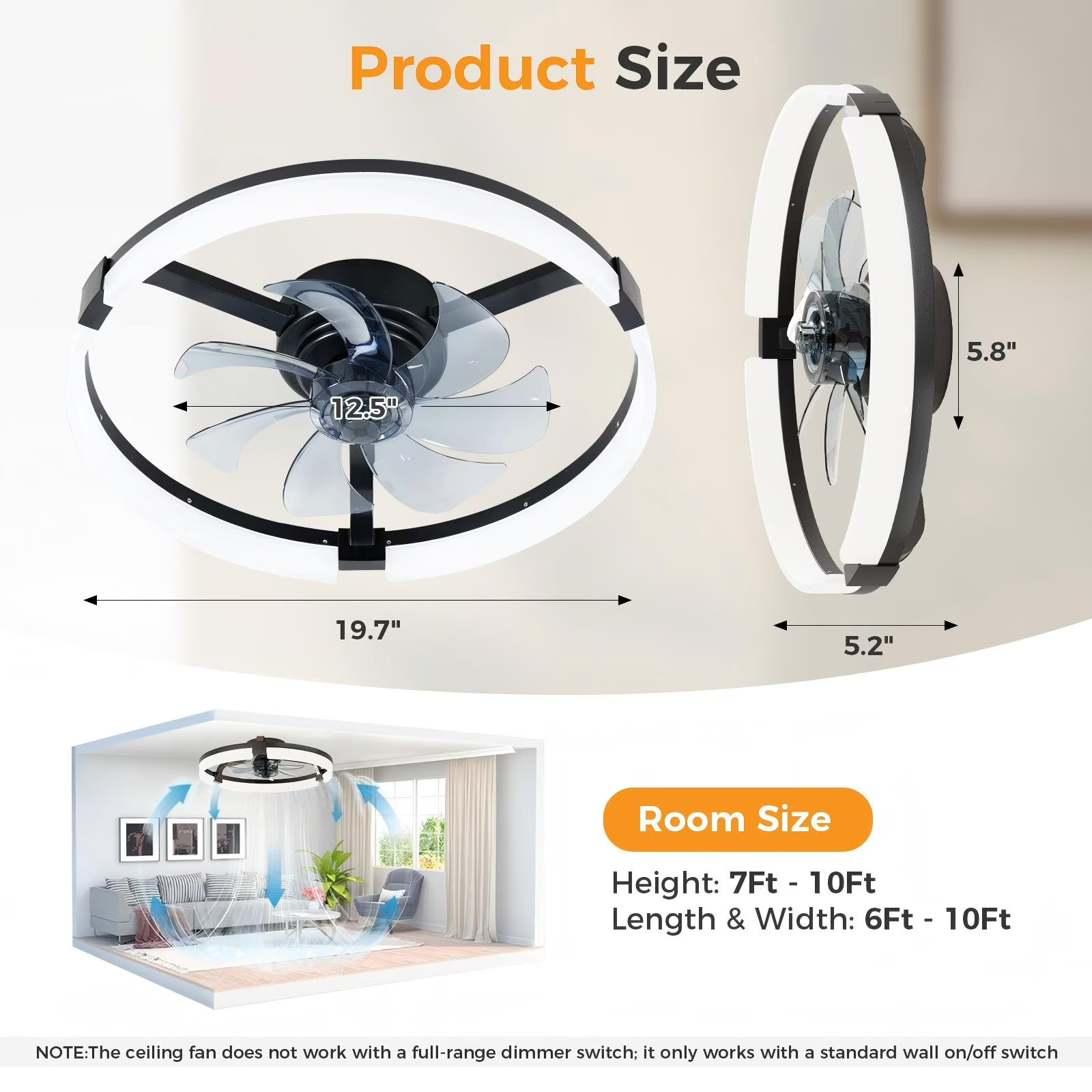 CONCETTA 19in Low Profile Flush Mount Ceiling Fan Dimmable LED Light Remote App