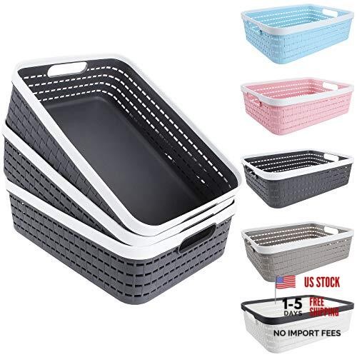 CertBuy 3 Pack Plastic Storage Baskets 14 x 10 x 4.5 Inch, Large Dark Gray