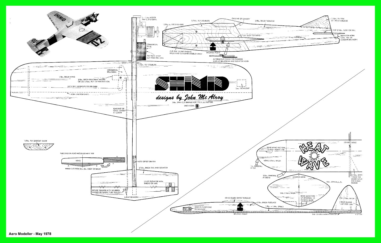 Aeromodeller Model Airplane Plans (FF): Shmid 24" ½A Trainer/Racer + 18" Glider