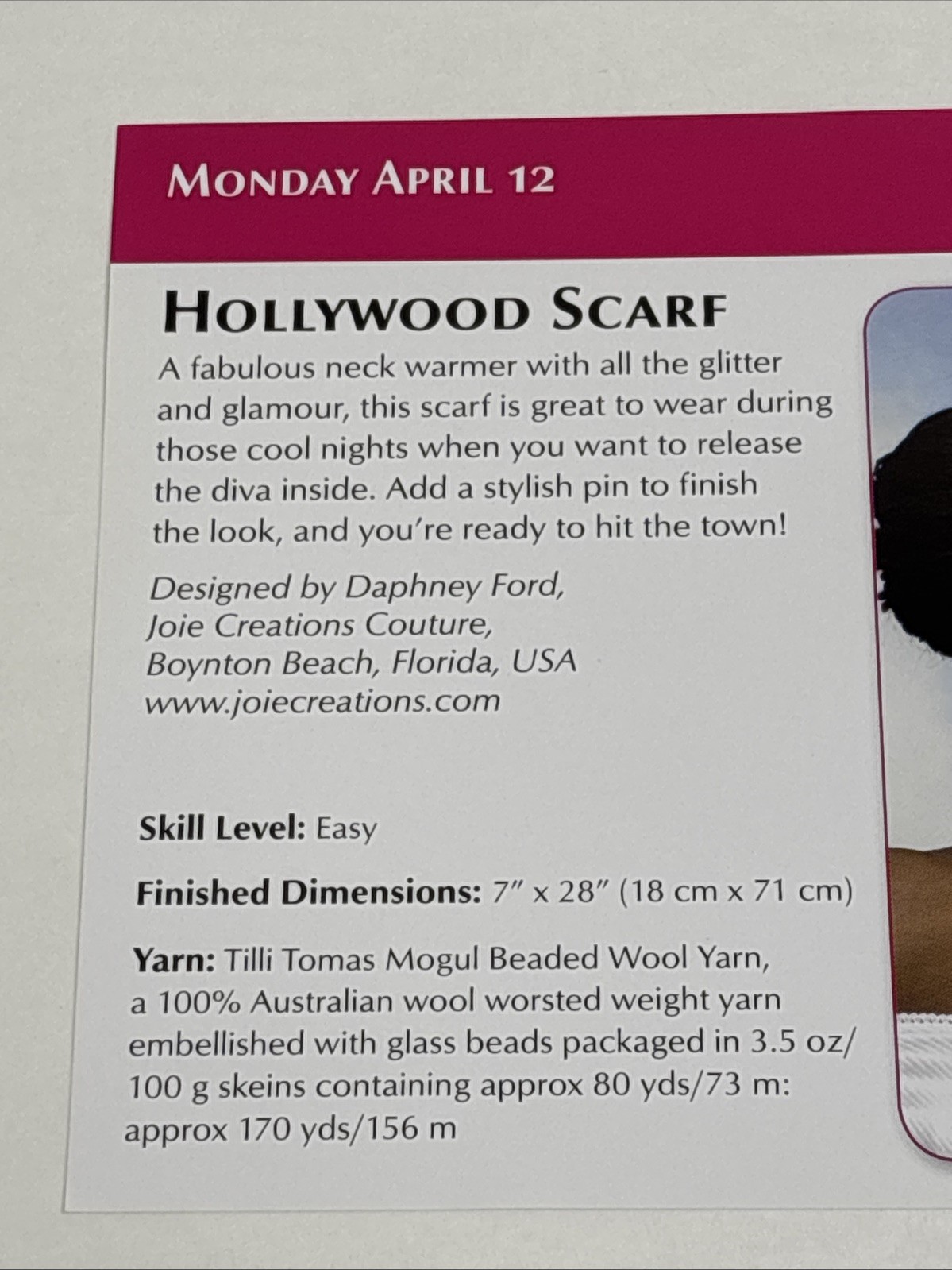 Hollywood Scarf Knitting Pattern Card Page