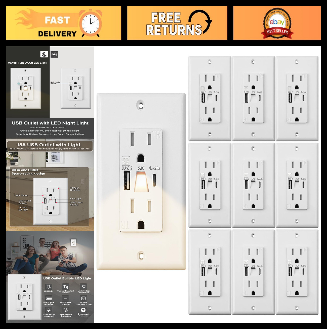 10 Pack 15A USB Outlet with Night Light, Fast Charge 4 Devices, Child Safe TR Sh