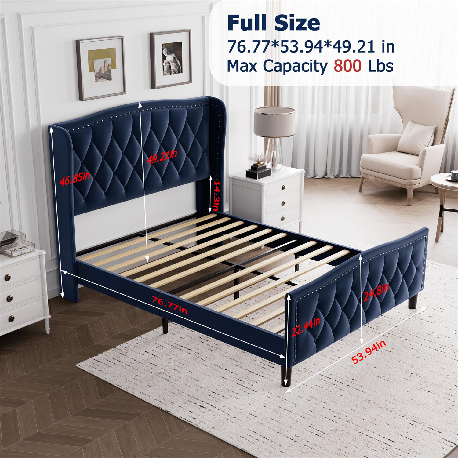 Full Bed Frame Velvet Upholstered Platform Bed with Wing Side Headboard Sturdy
