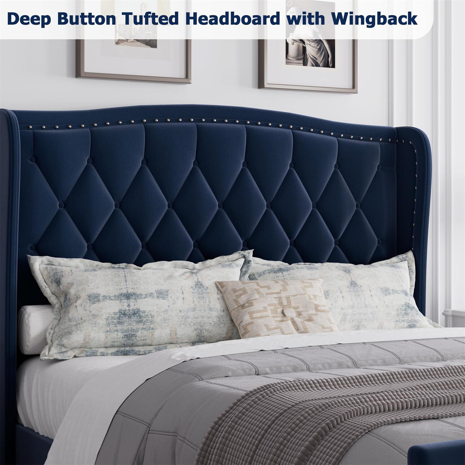 Full Bed Frame Velvet Upholstered Platform Bed with Wing Side Headboard Sturdy