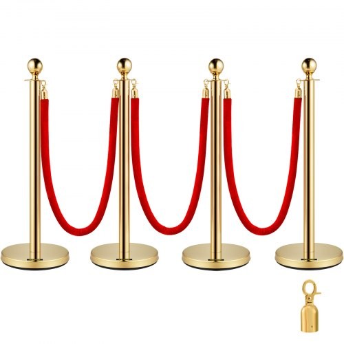 4X Gold Stanchion Posts Queue Pole + 3 Velvet Ropes Crowd Control Barrier