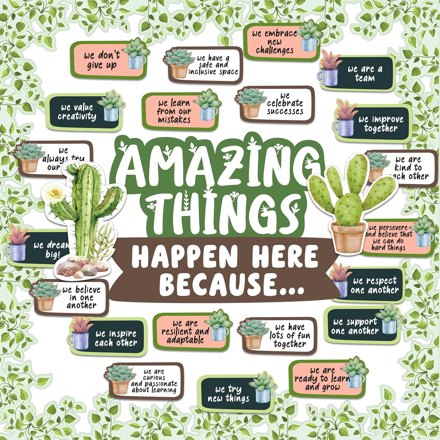 53 Pcs Cutouts Inspirational Cactus Themed Classroom Decor Set | Cactus Classroo