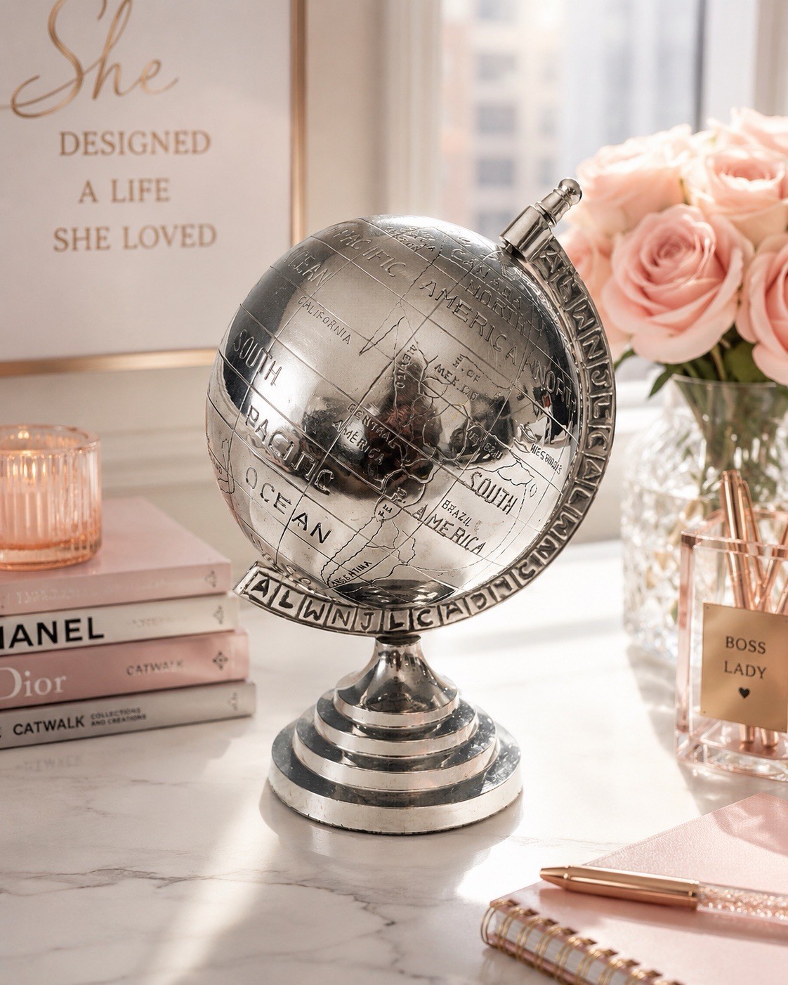 Silver Metal World Globe Desk Decor Atlas Office Shelf Accent 8” Tall