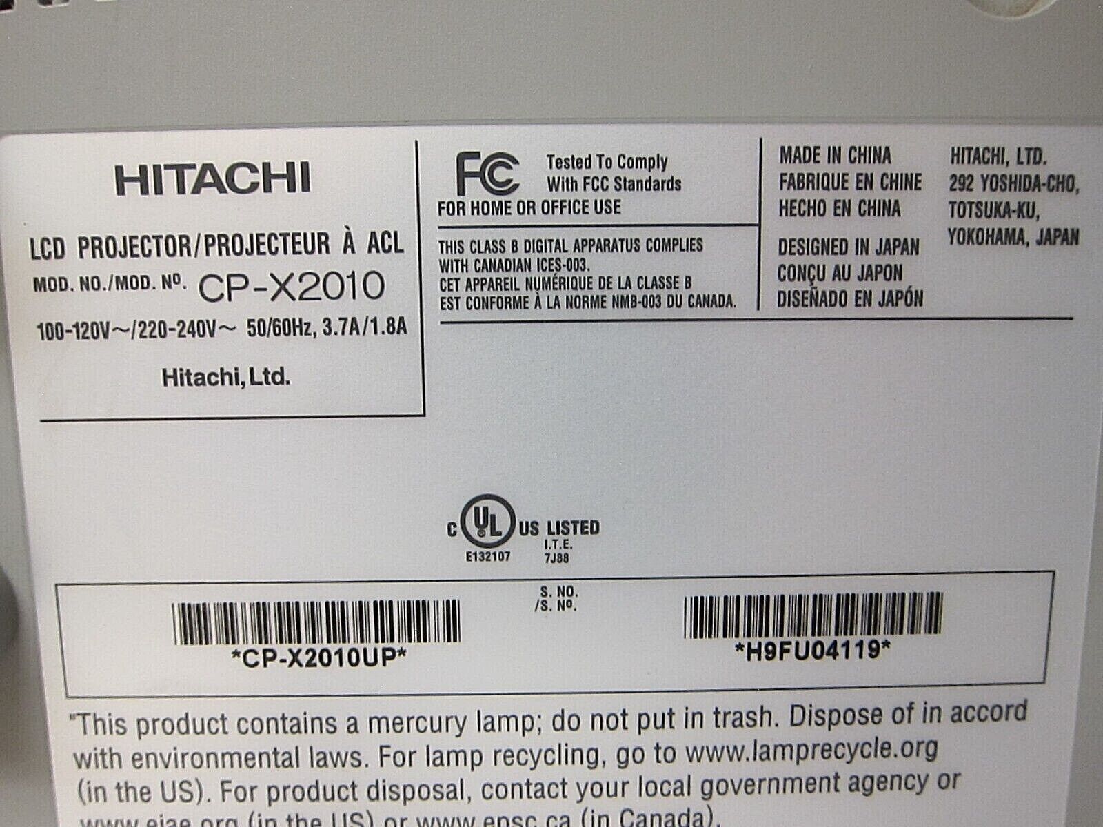 HITACHI 2200 Lumens CP-X2010 3LCD Projector 720p 3.7A/1.8A w/ Remote Used SKU A