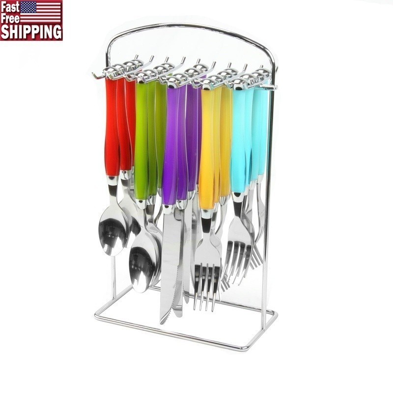 20 Piece Stainless Steel Flatware Set W/ Colorful Handles & Hanging Rack New