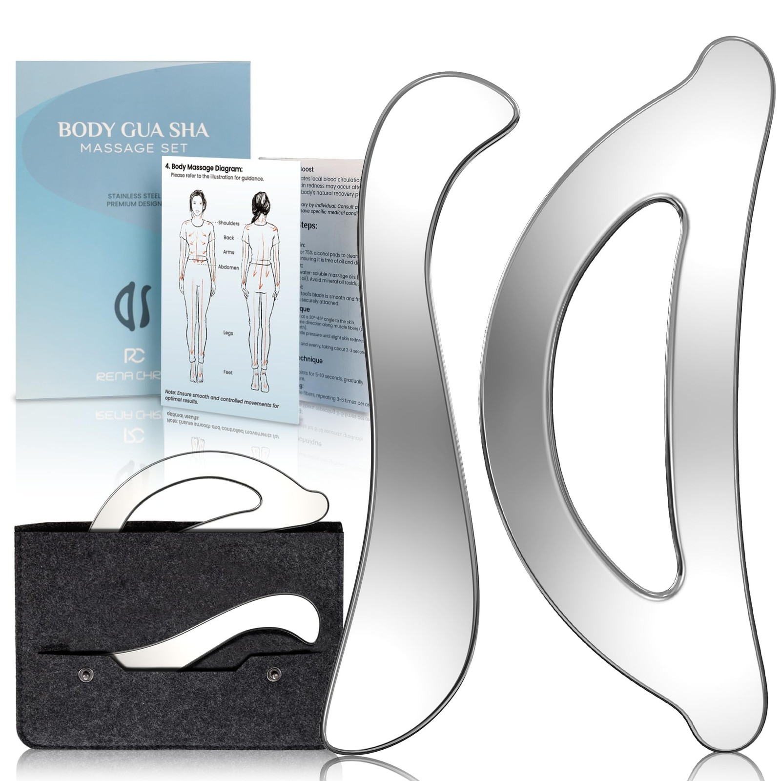 Rena Chris Muscle Scraper Tool Set - Stainless Steel Gua Sha for 2PCS, Silver