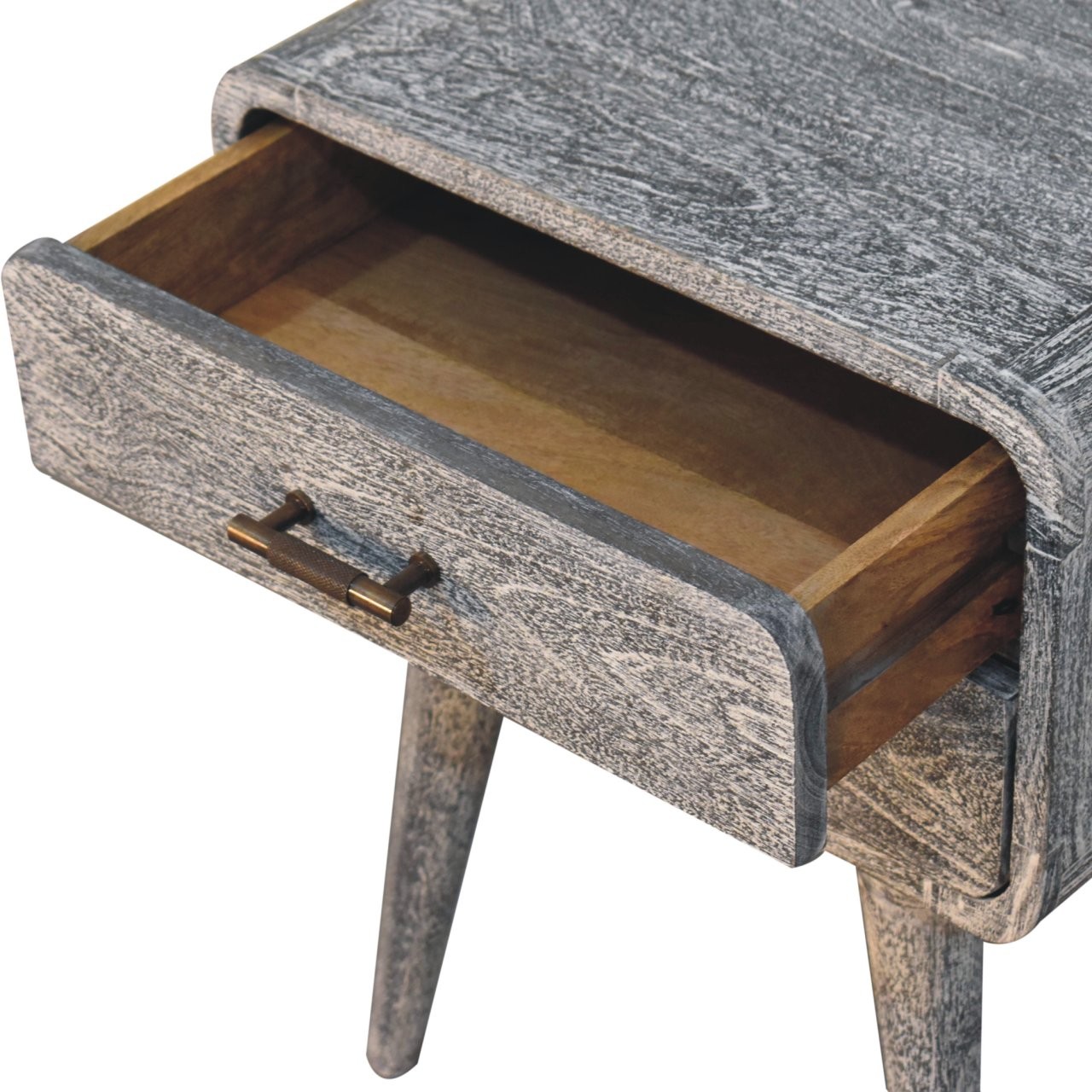 Solid Wood Sandblasted Ash Curved Bedside, 2-Drawers, Gray,Solid mango wood