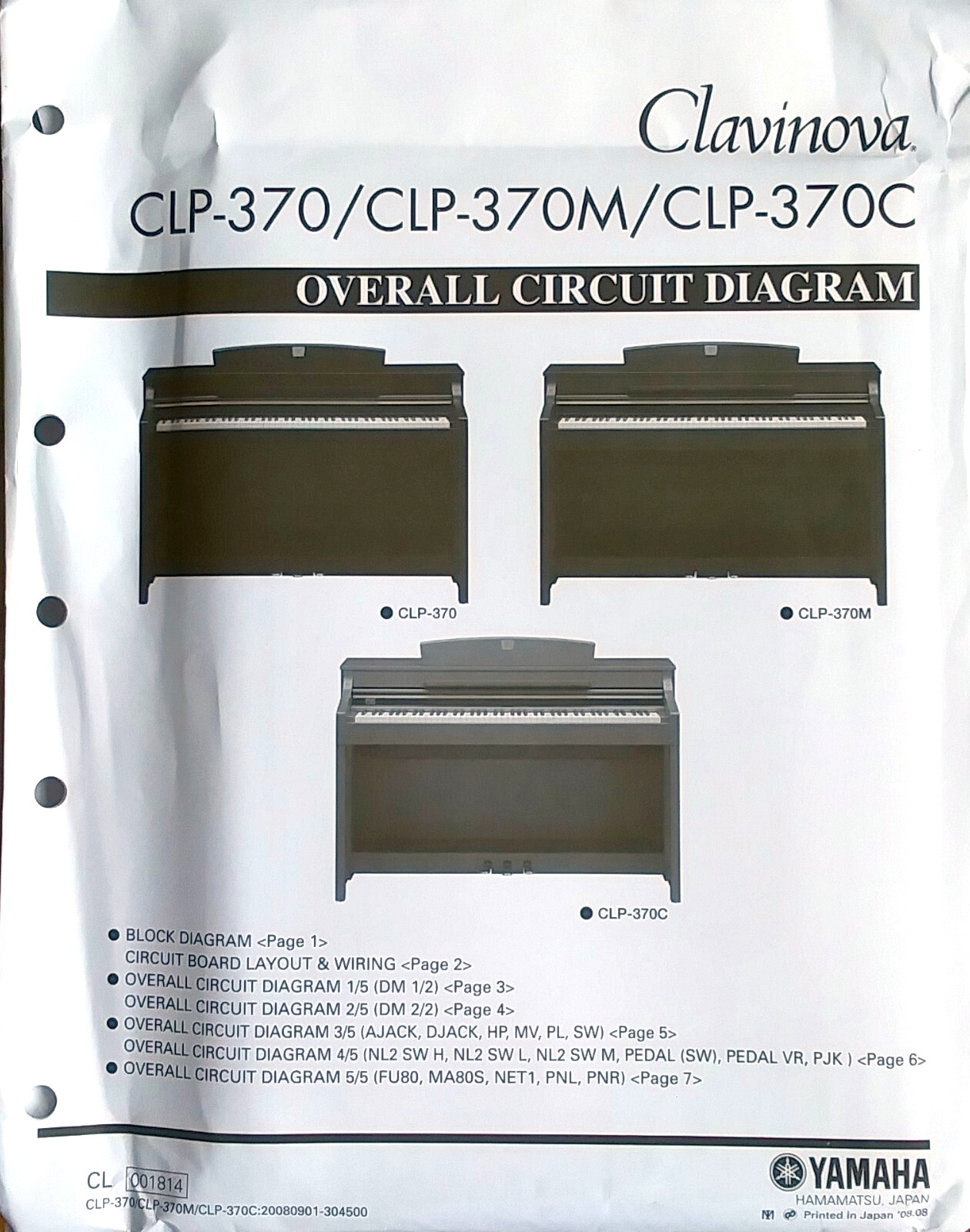 Yamaha CLP-370 -370M -370C Digital Piano Original Overall Circuit Diagram Sheets