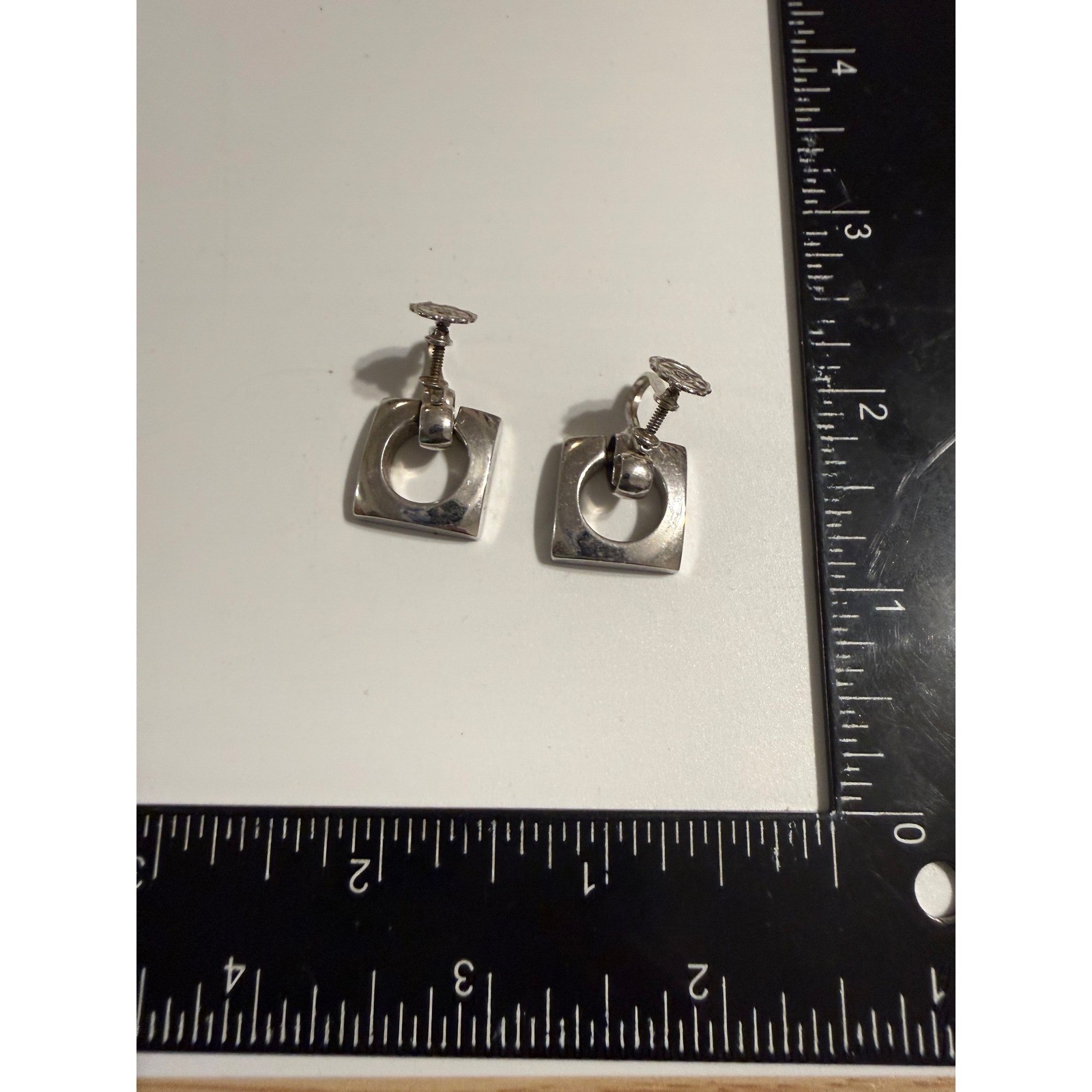 Vintage Silver Tone Geometric Square Cutout Screw Back Earrings Minimalist