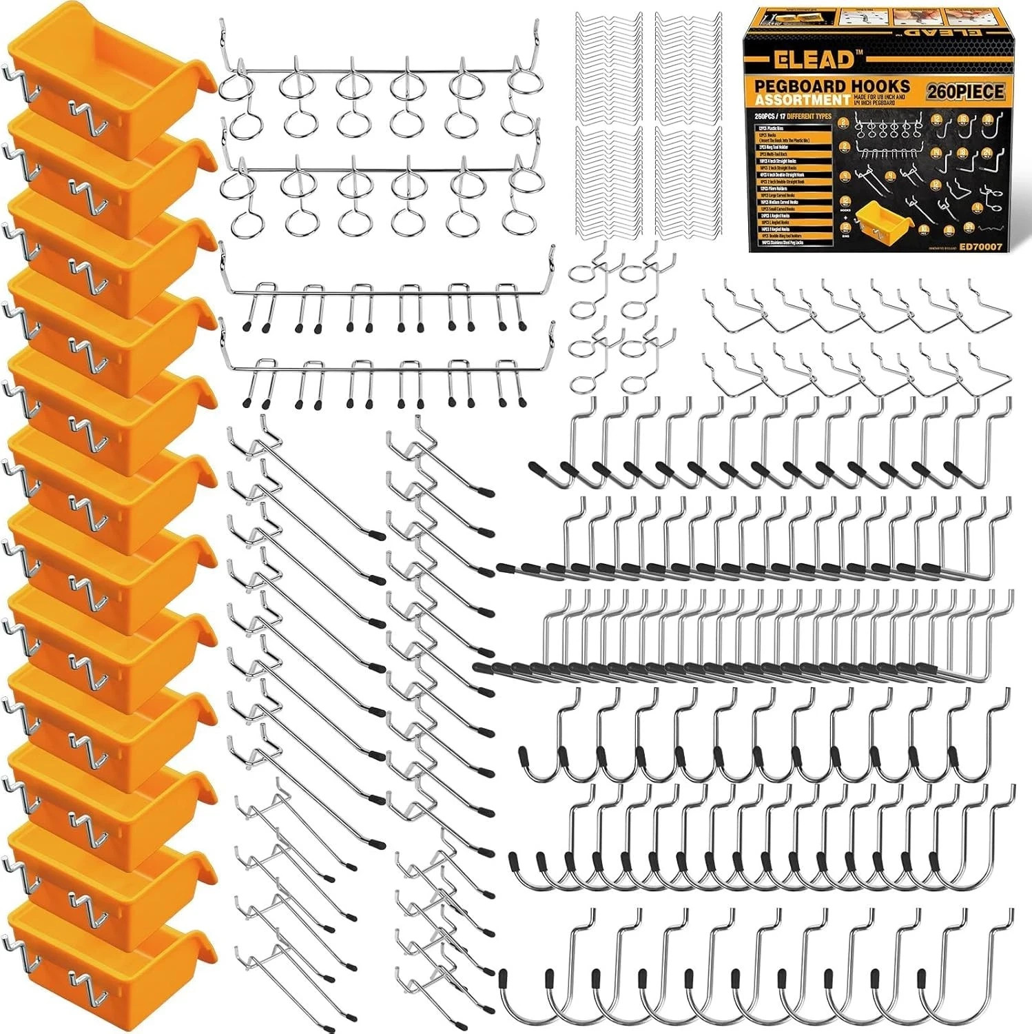260 Piece Pegboard Hooks 1/8 and 1/4 Inch Peg Board Organizer Accessories with P