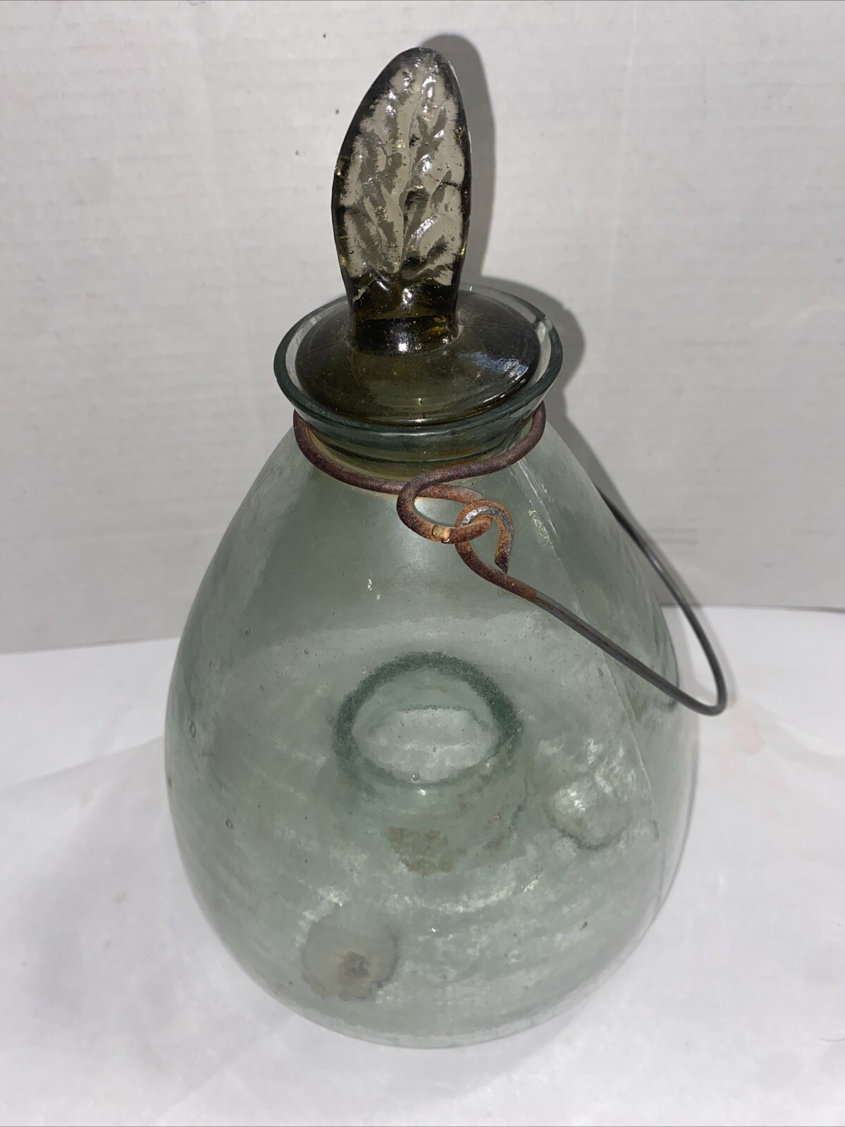 Green Glass Fly Wasp Catcher Insect Trap Knobbed feet & stopper Vintage 12" x 8"