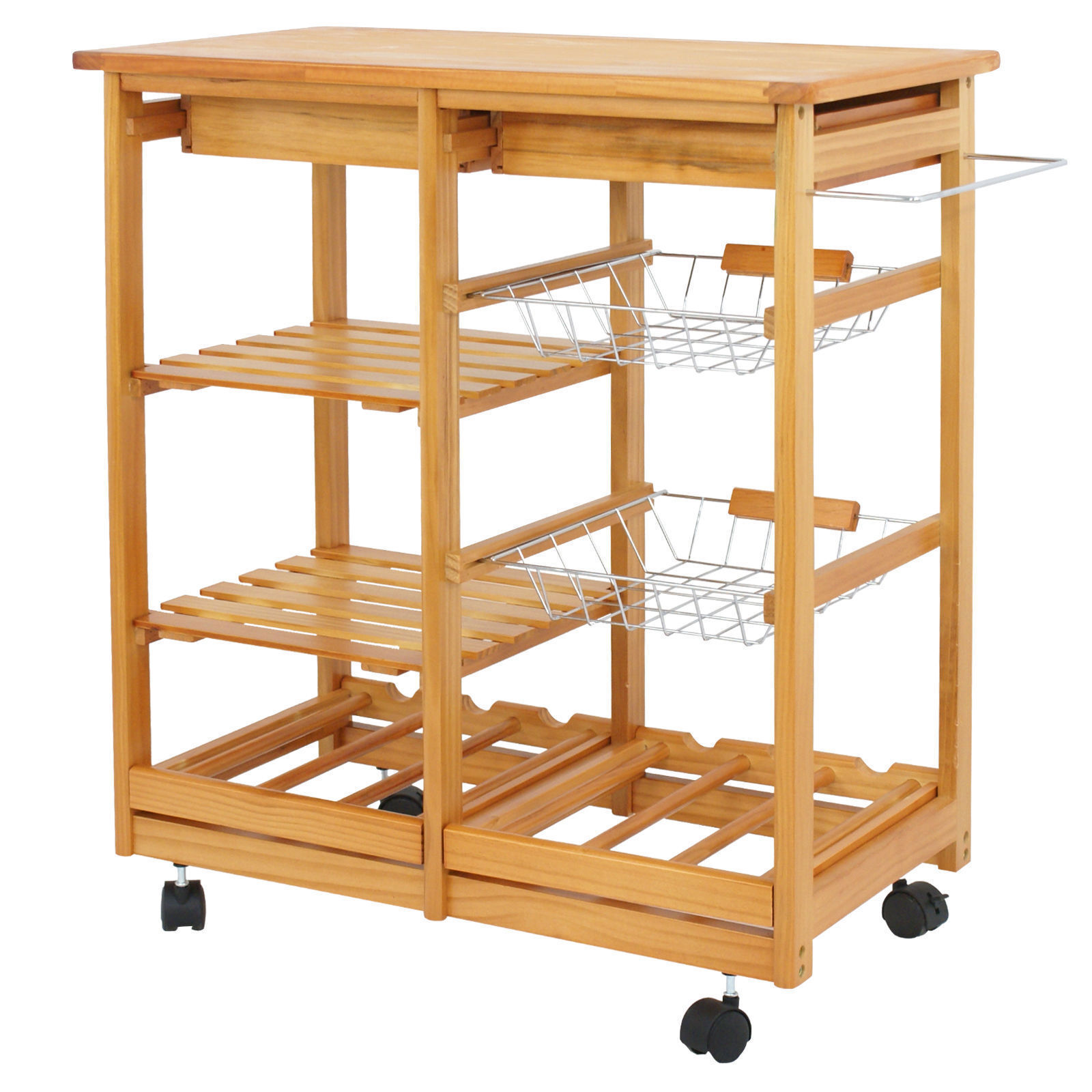 Durable Bamboo Rolling Kitchen Storage Cart Trolley wi/ Storage Drawers Baskets