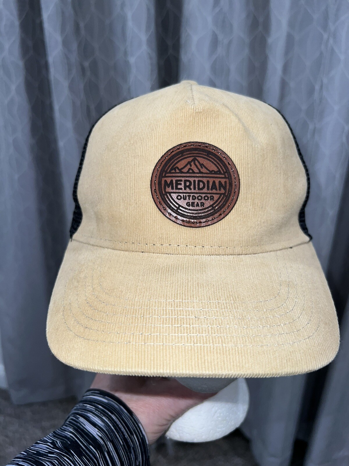 Meridian Outdoor Gear Leather Patch Logo Tan Corduroy Black Mesh Snapback EUCAdj