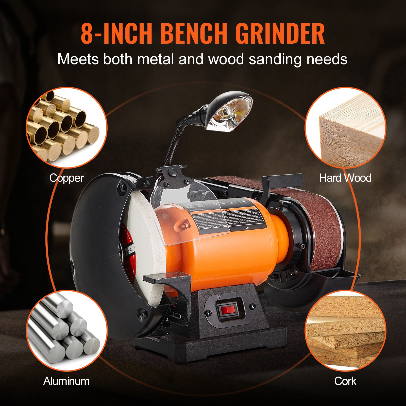 8" Bench Grinder & 2" x 28" Belt Sander Combo, 2.5A Motor, Orange