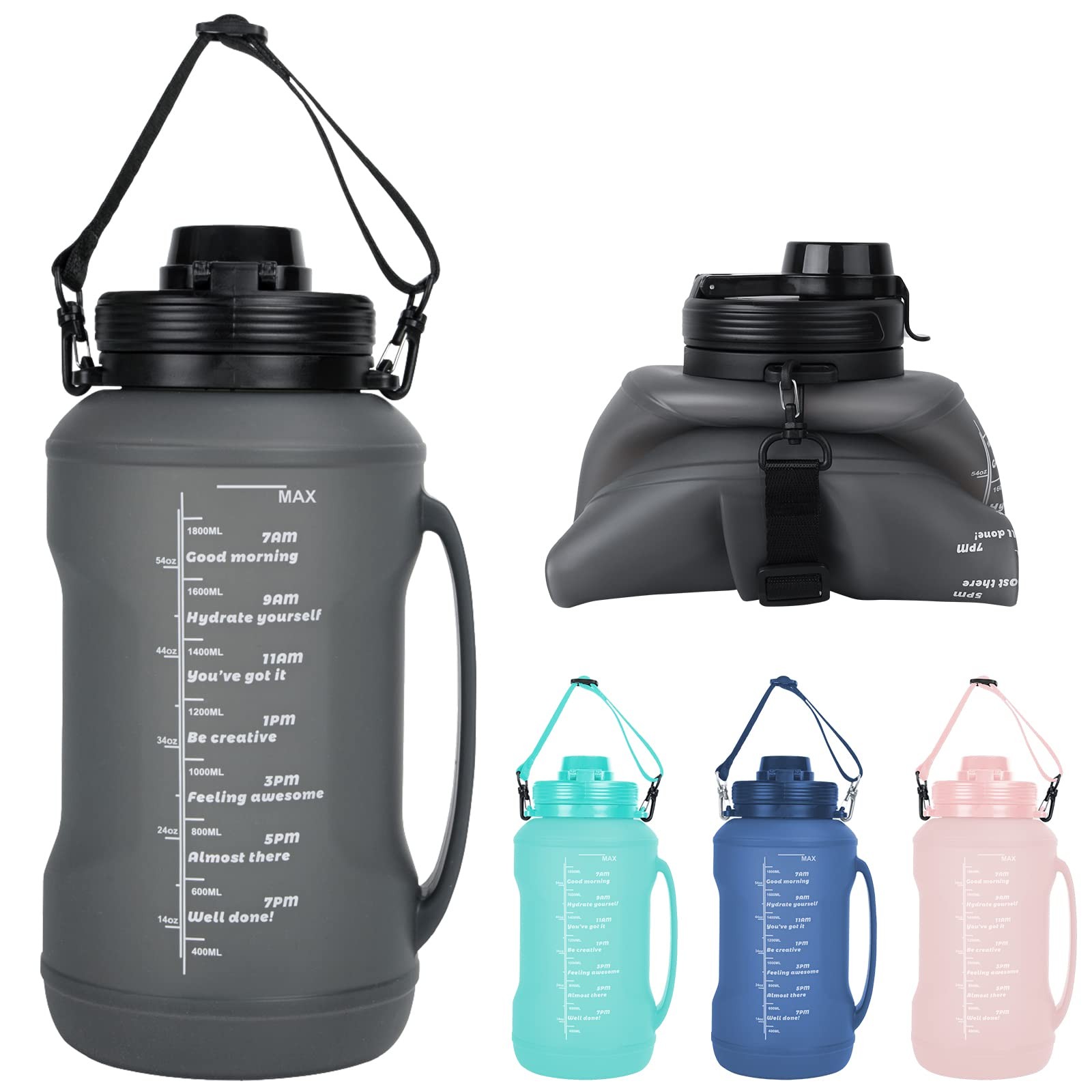 Collapsible Water Bottles, 2L/64OZ travel water 64 Ounces, Upgraded Black
