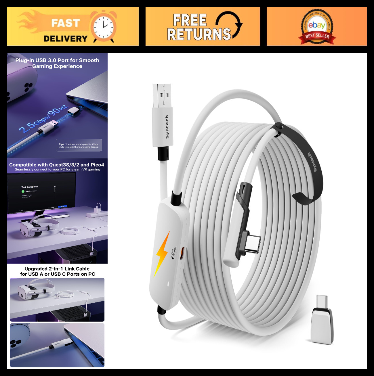 16FT VR Link Cable with Charging for Oculus Quest 3/2, Pico 4, USB 3.0 A to C Ad