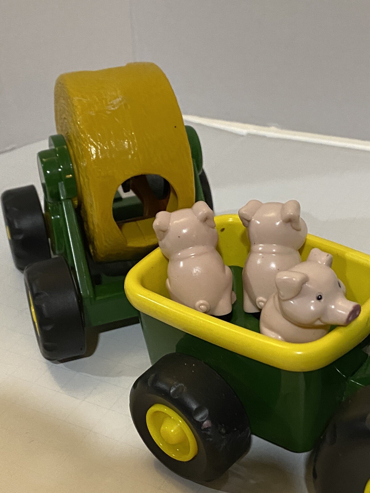 John Deere Rubber & Plastic Three Pc Tractor Set. Push Button & Music Plays
