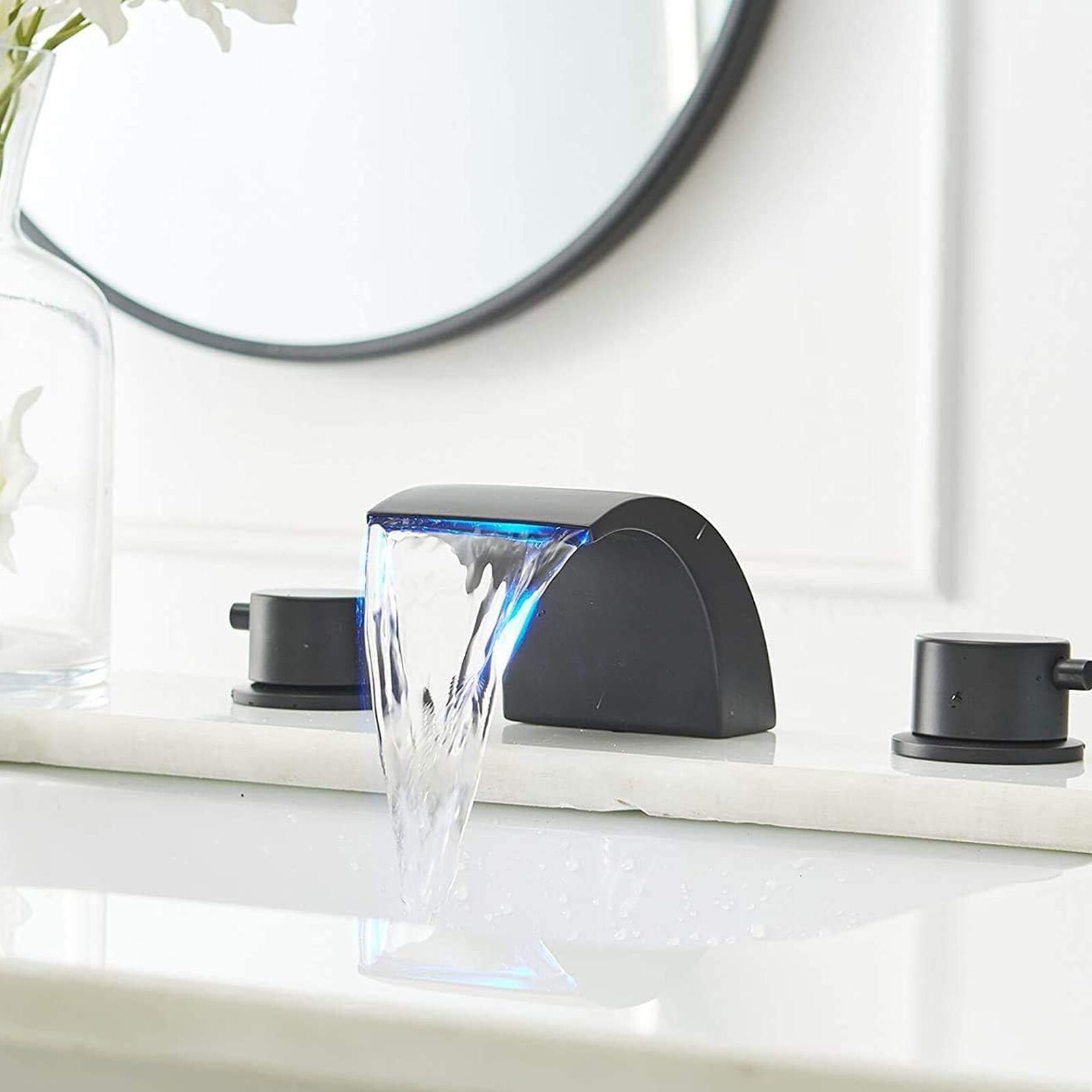LED Waterfall Bathroom Sink Faucet 3 Hole 2 Handle Vanity Basin Mixer Taps Black
