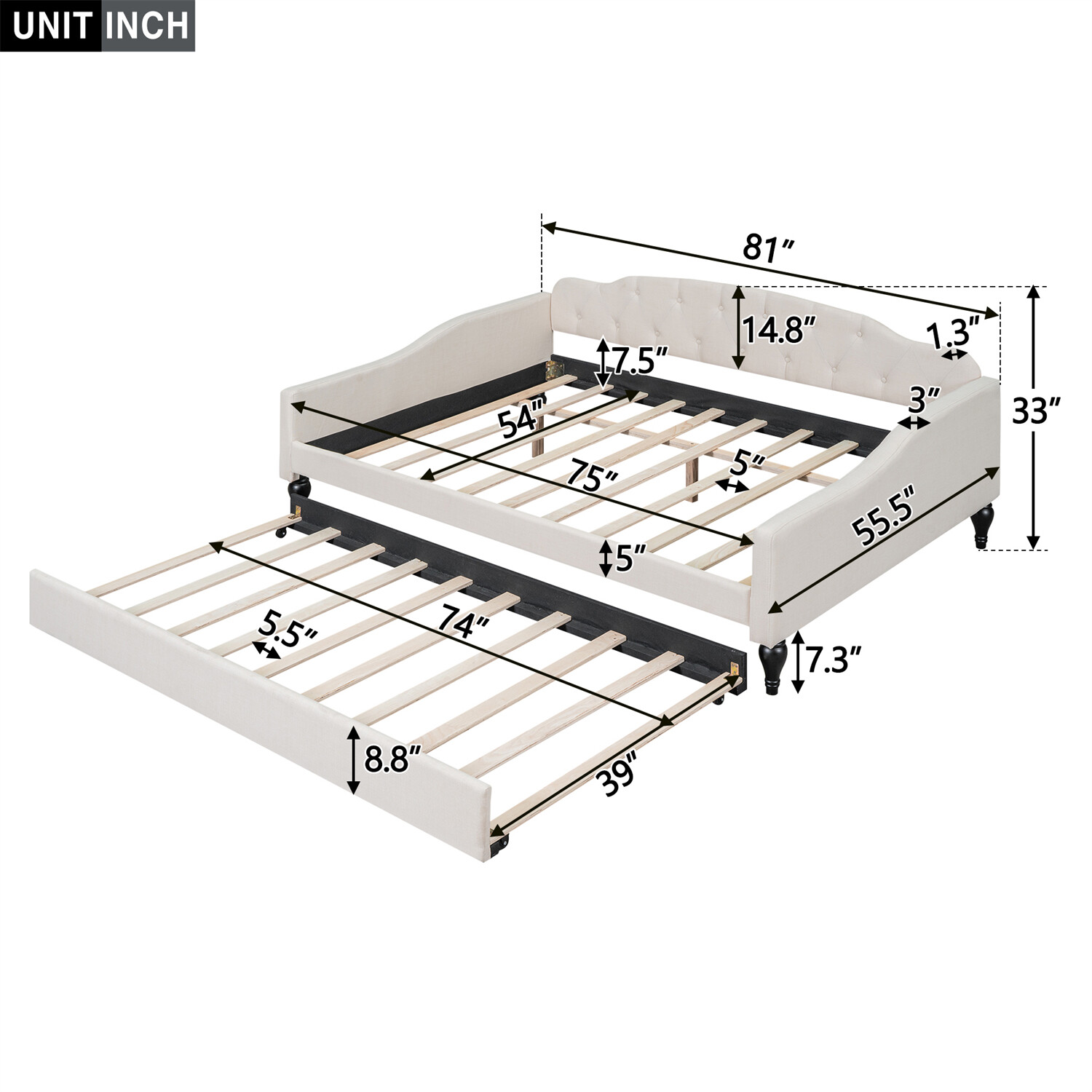 Full Size Daybed with Pull Out Trundle Bed Upholstered Bed Frame Sofa Bed Beige