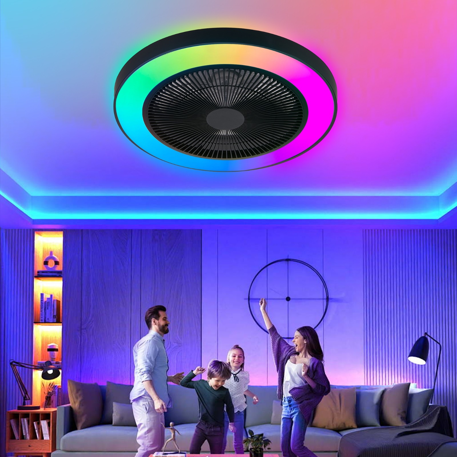 19" RGB LED Smart Ceiling Fan Light – Dimmable, APP/Remote, Silent Reversible DC