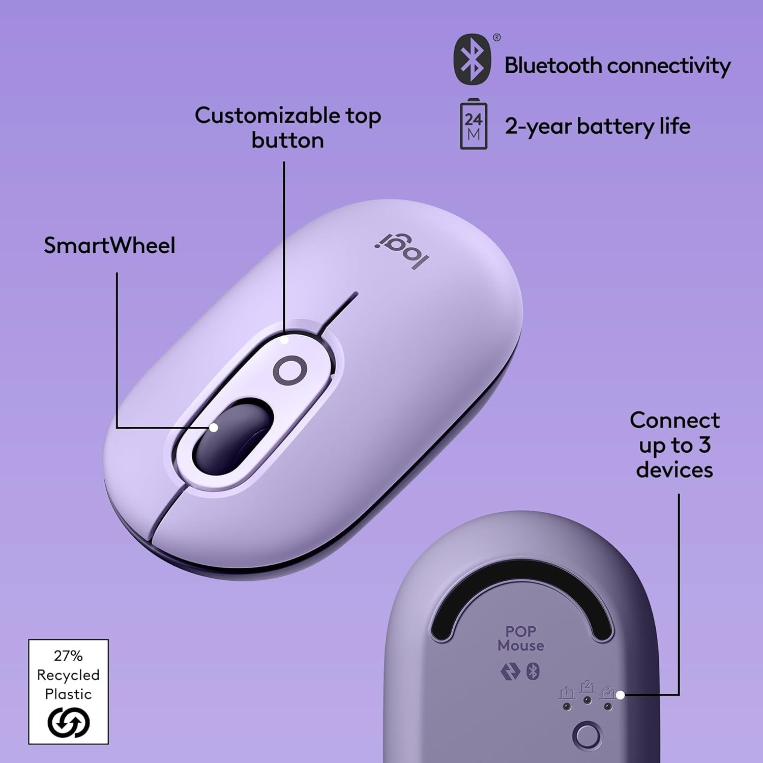 Logitech POP Mouse Wireless Bluetooth Silent Customizable Emojis PC / Mac Cosmos