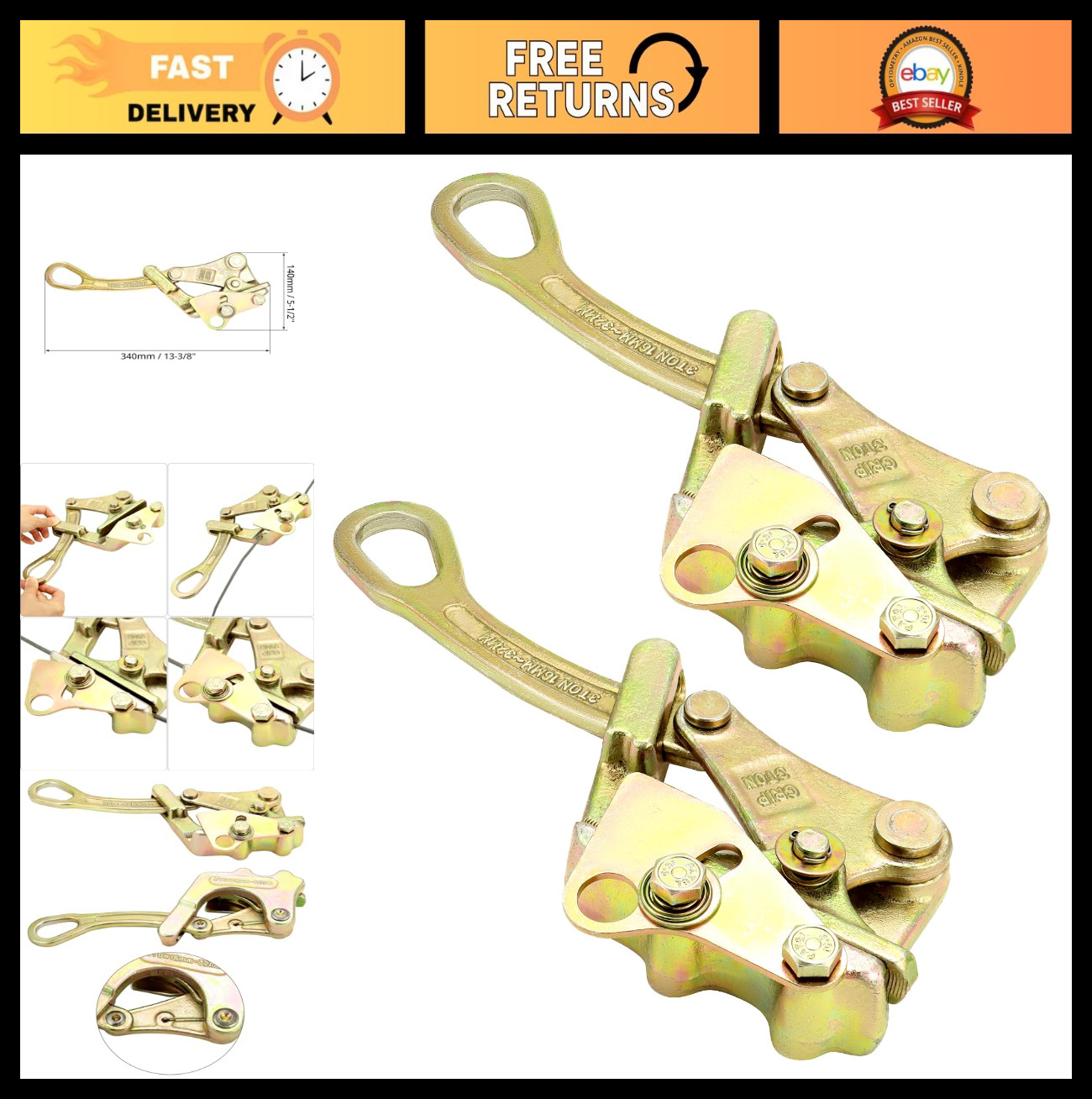 Heavy-Duty Cable Grip Steel Wire Gripper 2 Pack - 3T Rope Jaw Puller Clamp