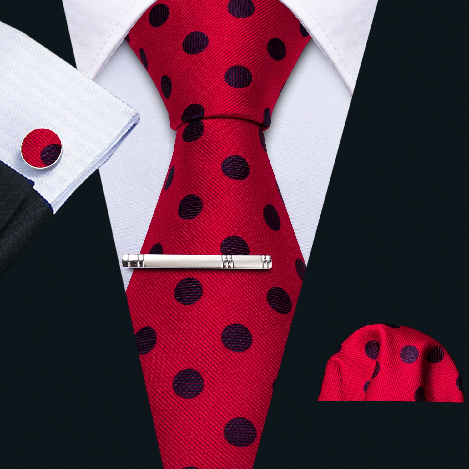 Red Black Dots Necktie Mens Tie & Hankie & Cufflinks & Tie Pin Set Gift Wedding