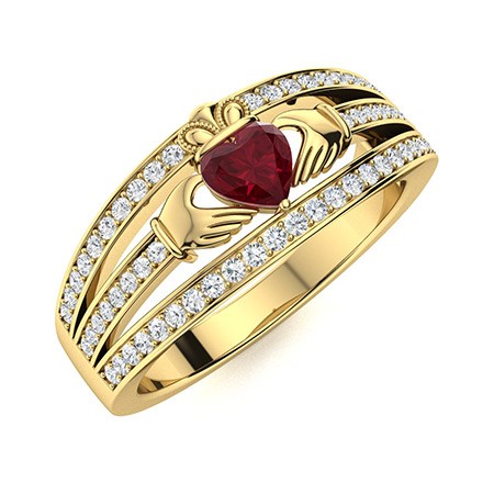 5mm Heart Ruby Claddagh Ring 925 Sterling Silver Gold Plated Three Band Ring