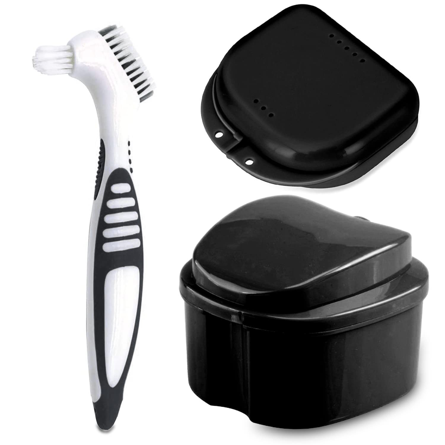 Denture Bath Case Cup with Denture Cleaner Brush & Retainer Holder Box, Compl...