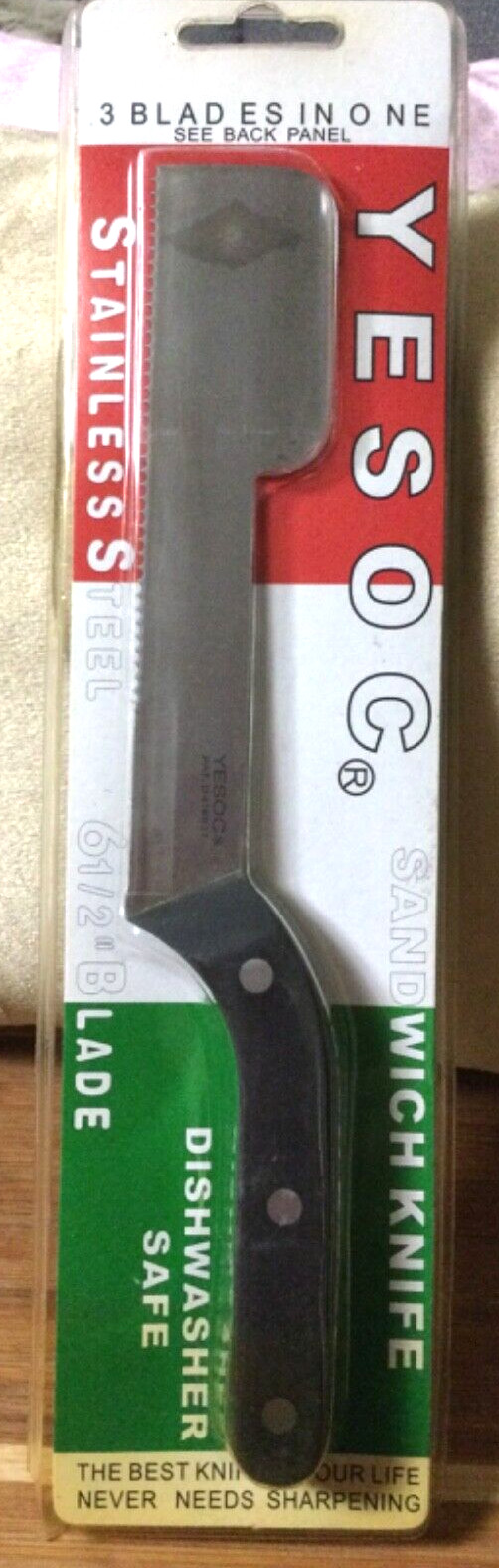 Vintage YESOC 3 in 1 Sandwich Knife 6.5" Stainless Steel Blade Full Tang w/ case