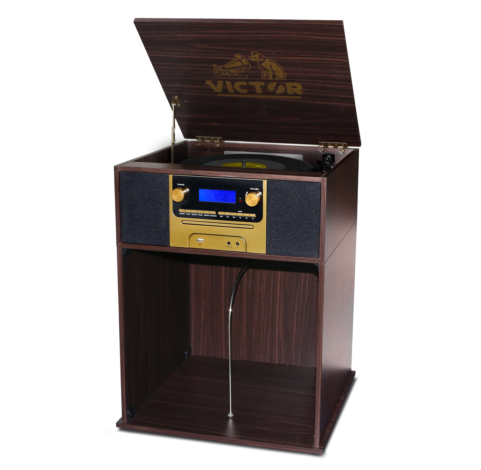 Victor Boyleston 7-in-1 3-Speed Turntable Music Center w/ Album Storage & AM/FM