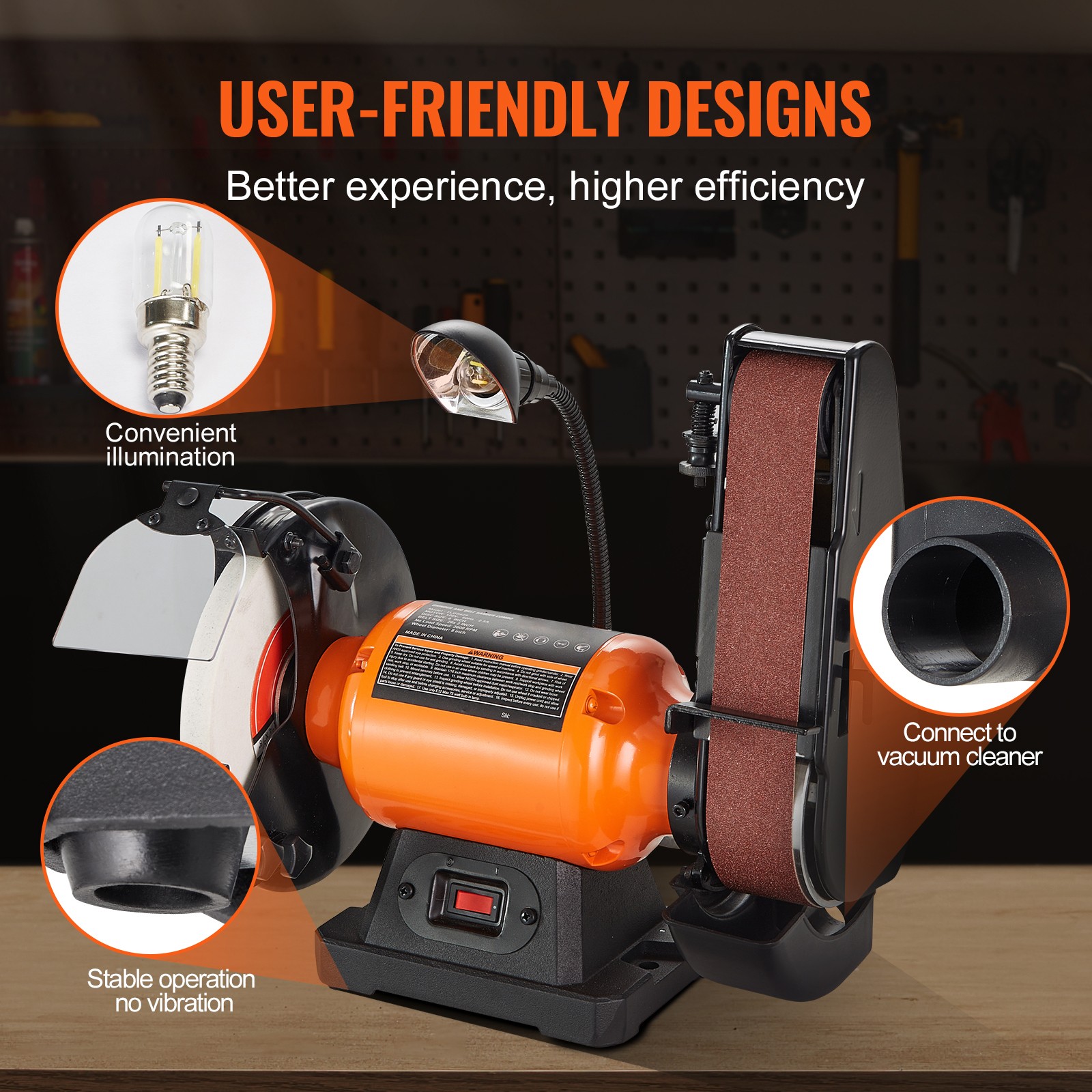 8" Bench Grinder & 2" x 28" Belt Sander Combo, 2.5A Motor, Orange