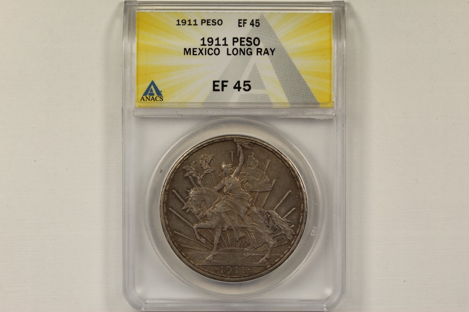 1911 Mexico Cabillito Peso Long Ray ANACS EF45