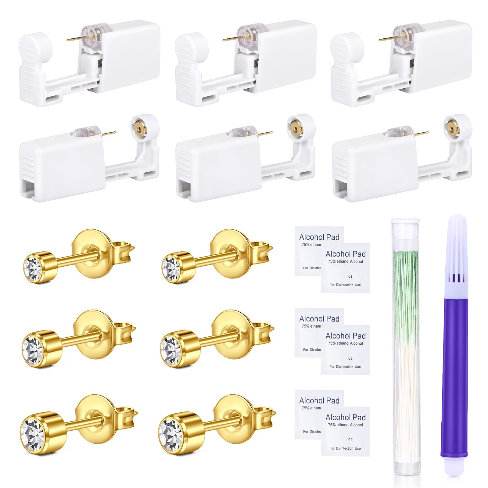 DJCIW 14PCS Disposalbe Ear Piercing Kit,Ear Style C-Gold-CZ-2mm,3mm,4mm