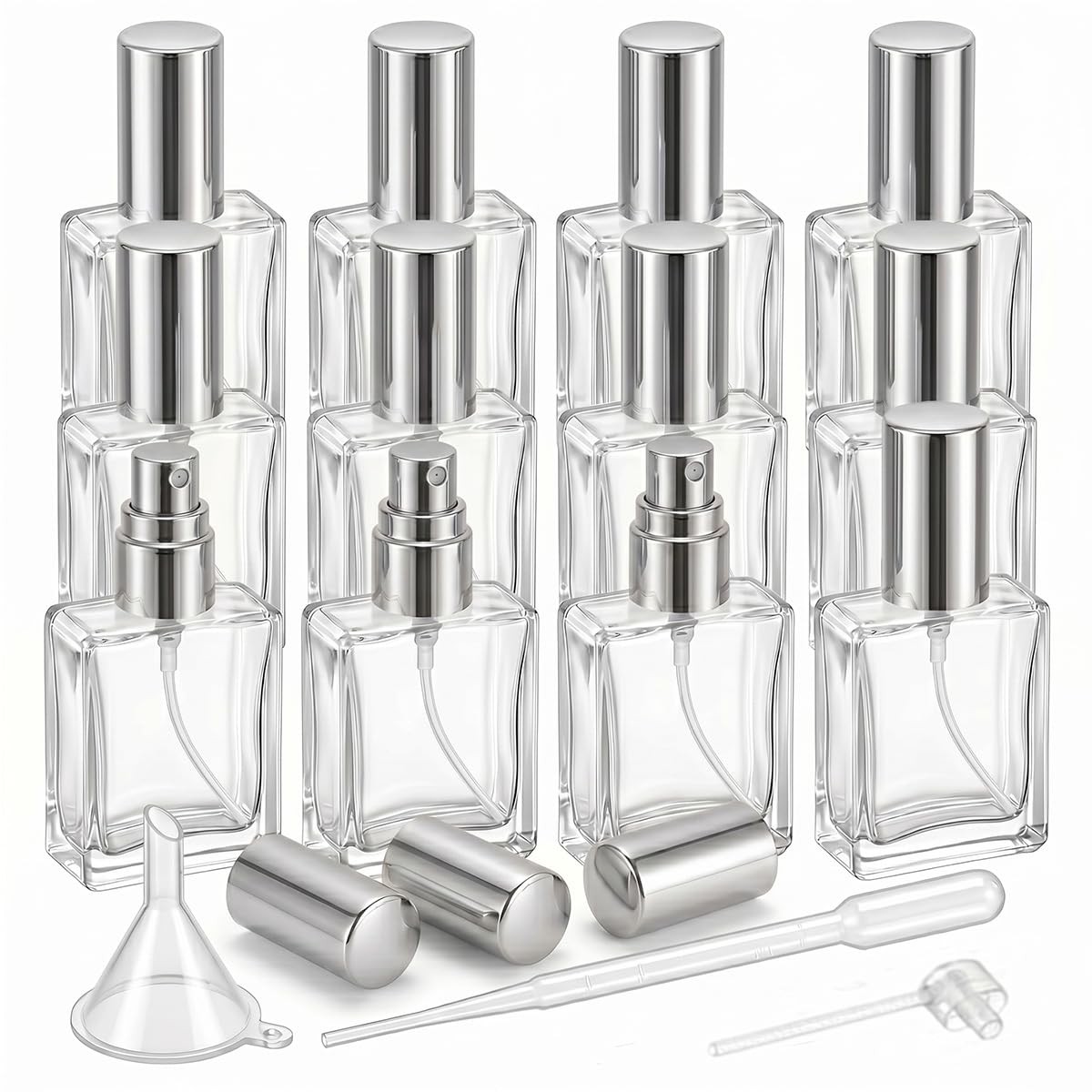 Rowcay 12 Pack 15 ml Flat Square Empty Glass Cologne Bottles, Silver Tops