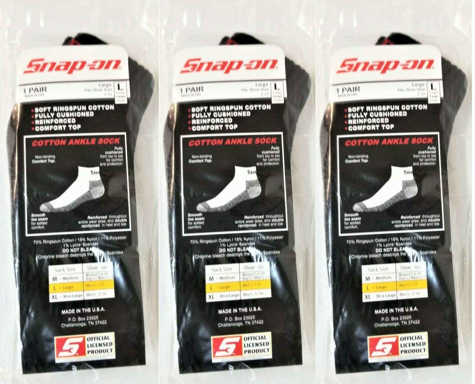 3 PAIRS Men's BLACK Snap-On Ankle Socks LARGE *FREE SHIPPING* MADE IN USA *NEW*