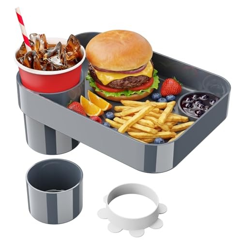 Car Seat Cup Holder Snack Tray for Kids - Reduces Mess - Detachable Dark Gray